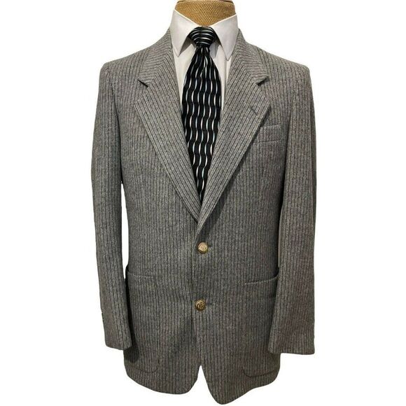 Men's Sports Coat Gray Gold Buttons Flannel Camel Hair Wool Blend Size 39 R - Picture 1 of 10